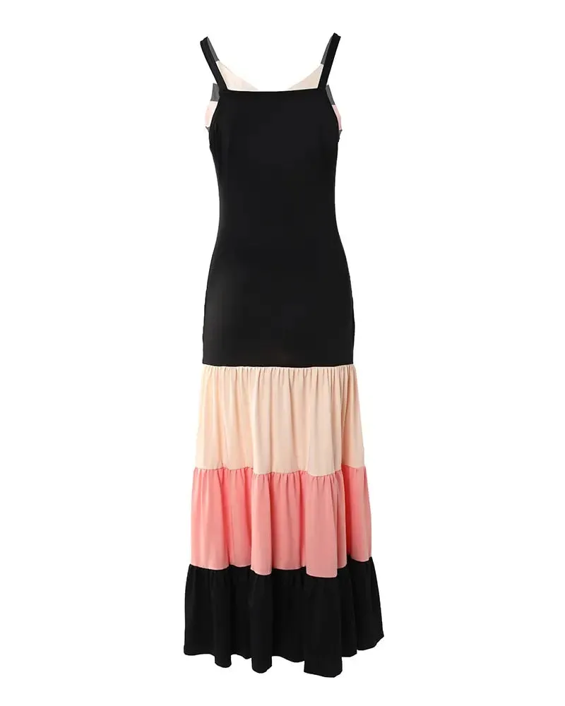 Women V neck Sleeveless Colorblock Spaghetti Strap Maxi Dress