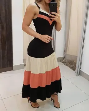 Women V neck Sleeveless Colorblock Spaghetti Strap Maxi Dress