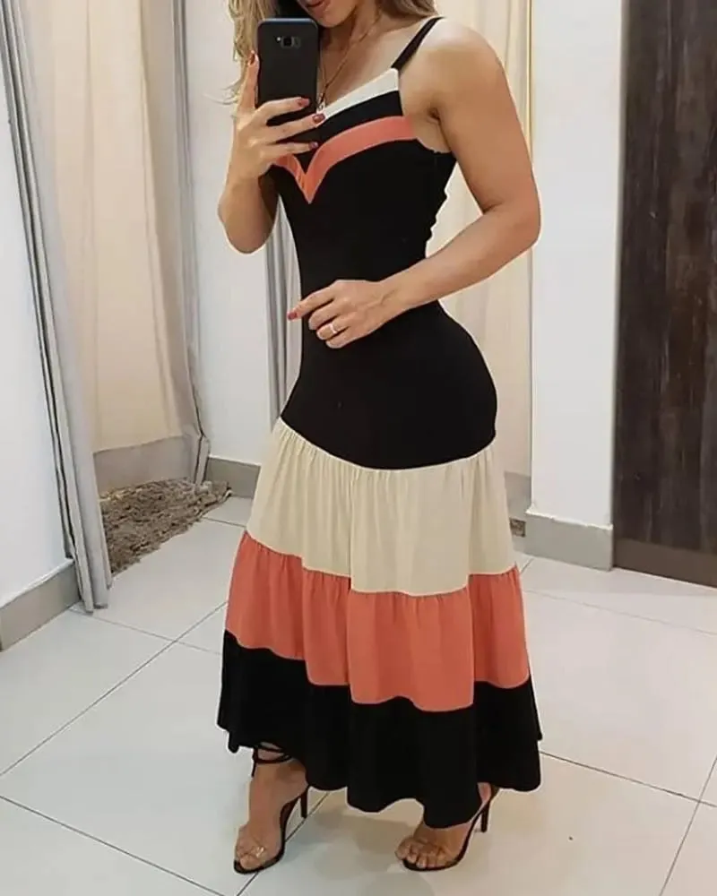Women V neck Sleeveless Colorblock Spaghetti Strap Maxi Dress