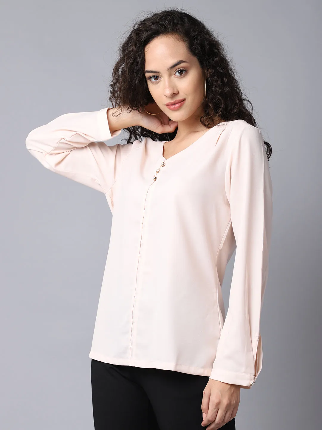Women's Basic  Pink Solid V neck Top