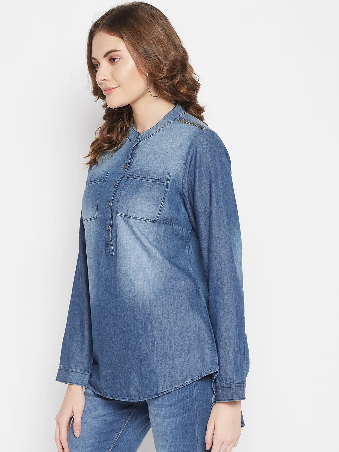 Women's Casual  Mid denim blue Denim Round neck Tunic