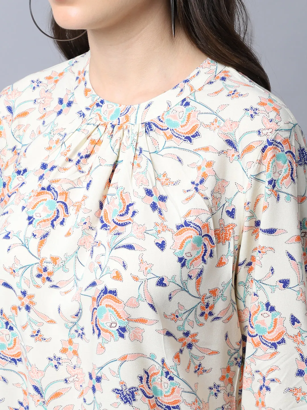 Women's Casual  Orange Floral Print Band Collar Tunic