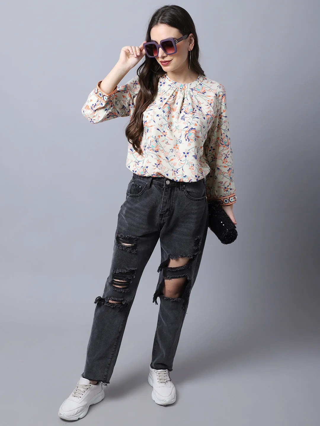 Women's Casual  Orange Floral Print Band Collar Tunic