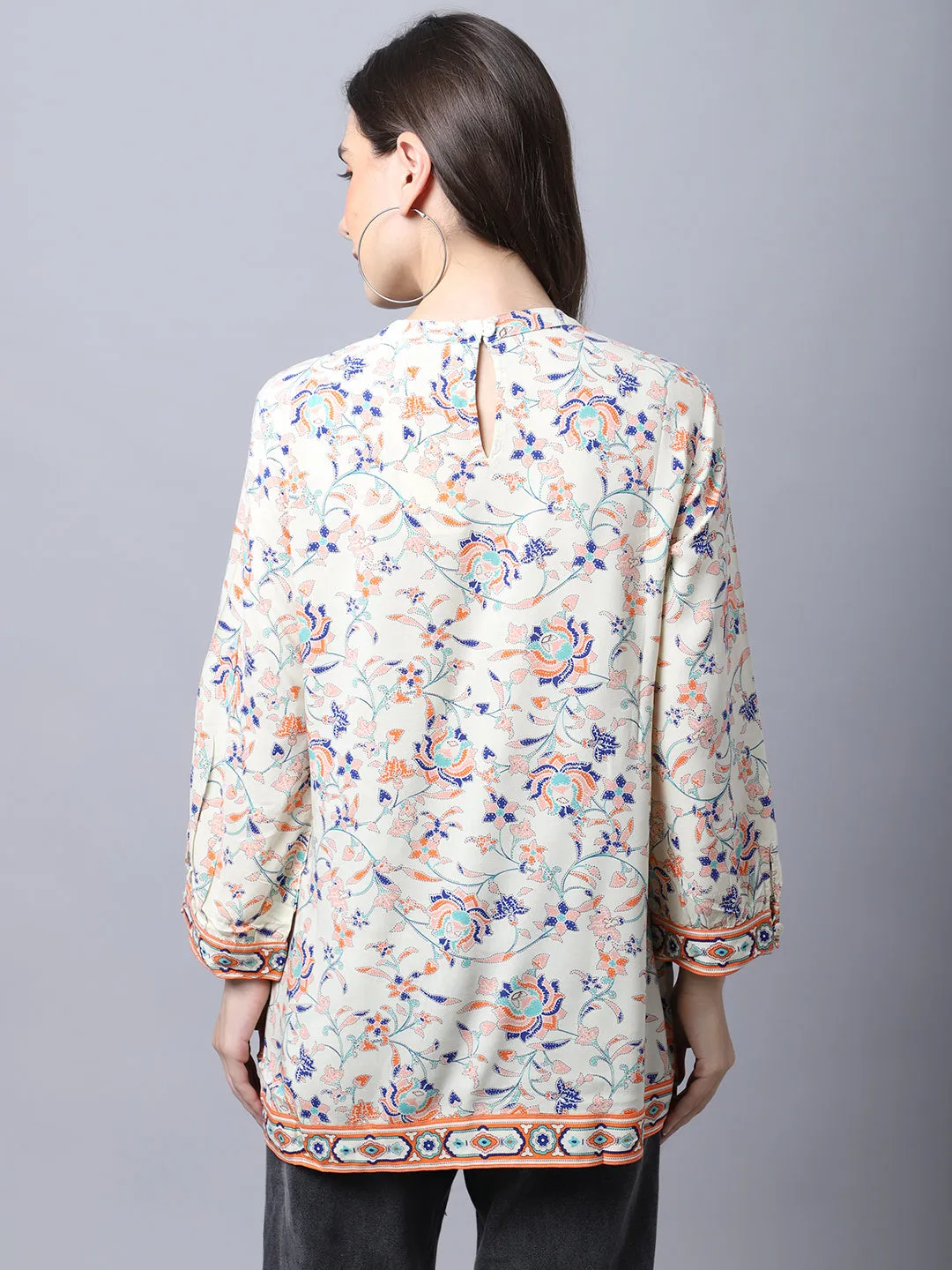 Women's Casual  Orange Floral Print Band Collar Tunic