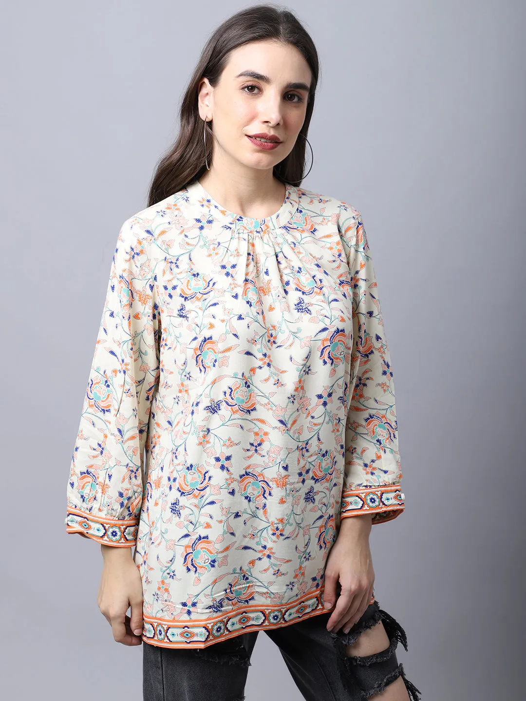 Women's Casual  Orange Floral Print Band Collar Tunic