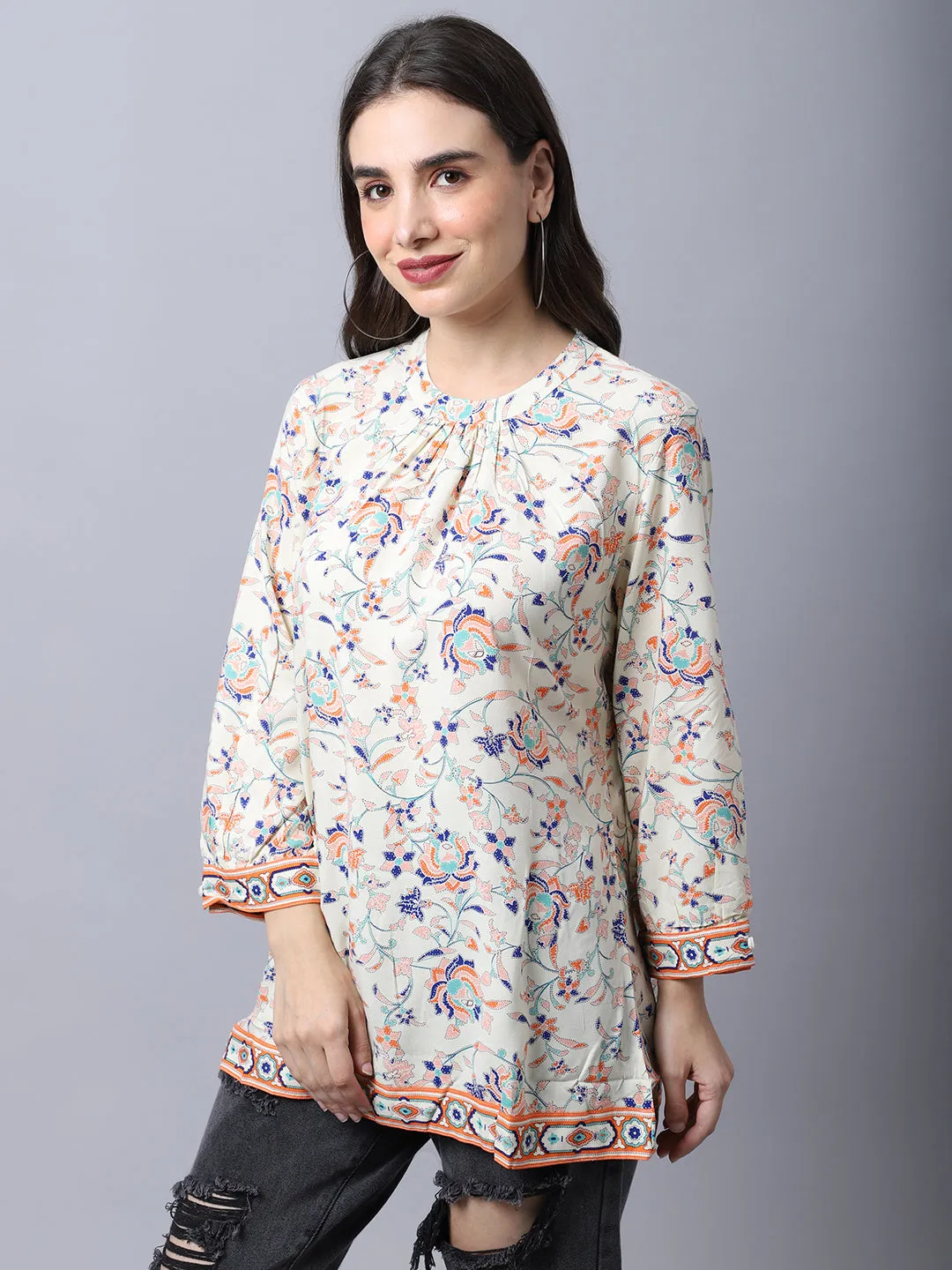 Women's Casual  Orange Floral Print Band Collar Tunic