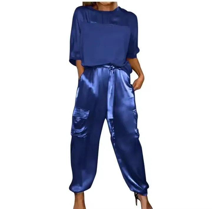 Women's Long Pants Sets Half Sleeve Top Pants Suit Casual Sportswear Summer Pants Set with Pocket   B267846