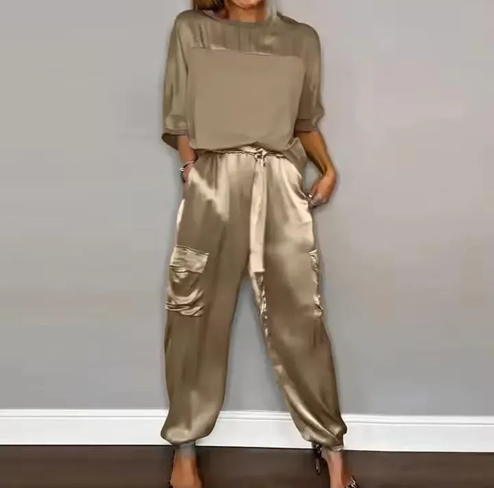 Women's Long Pants Sets Half Sleeve Top Pants Suit Casual Sportswear Summer Pants Set with Pocket   B267846