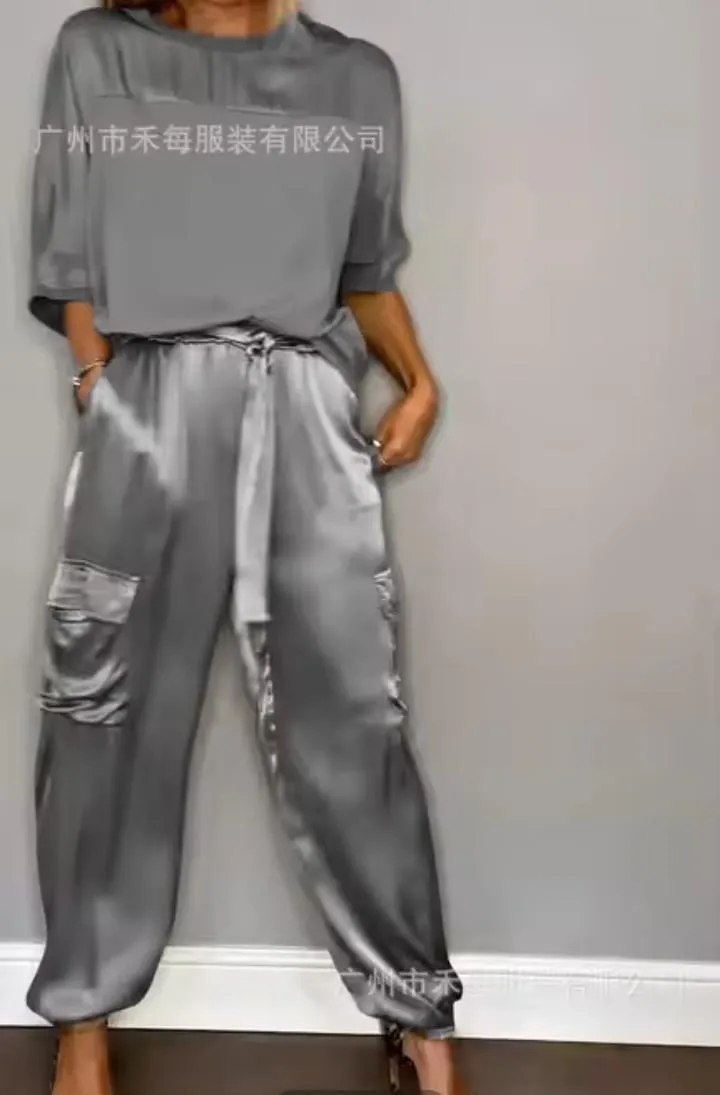 Women's Long Pants Sets Half Sleeve Top Pants Suit Casual Sportswear Summer Pants Set with Pocket   B267846