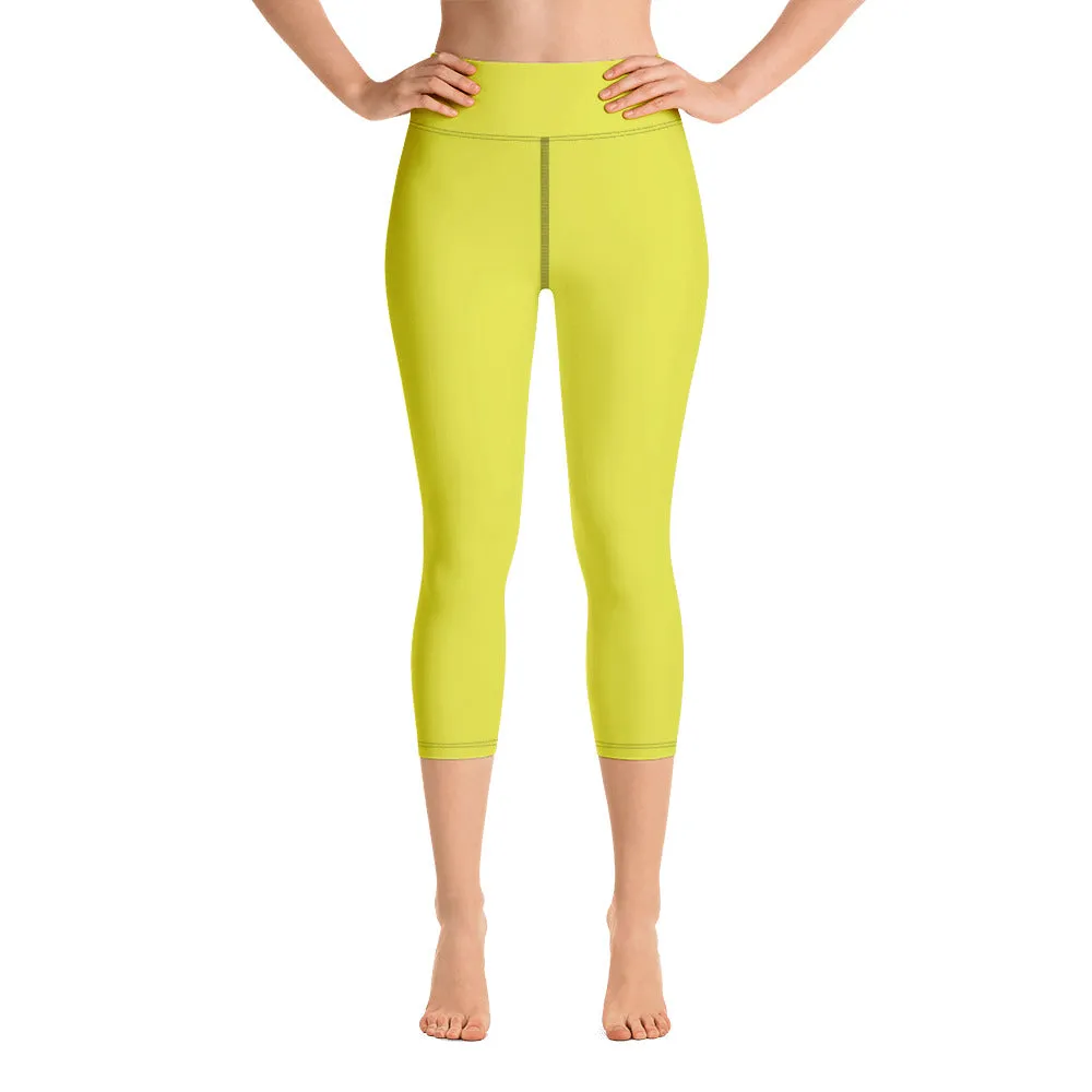 Yellow Solid Yoga Capri Leggings, Solid Yellow Color Women's Capris Tights-Made in USA/EU/MX