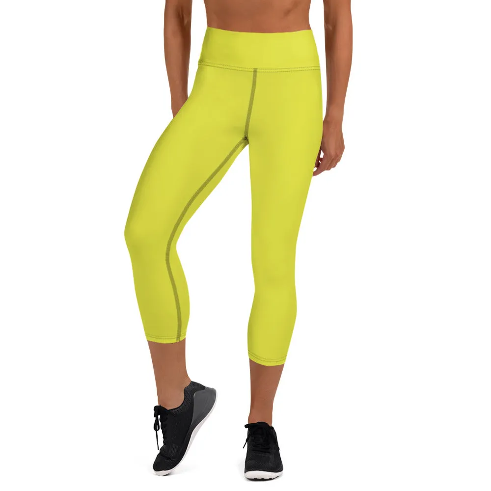 Yellow Solid Yoga Capri Leggings, Solid Yellow Color Women's Capris Tights-Made in USA/EU/MX
