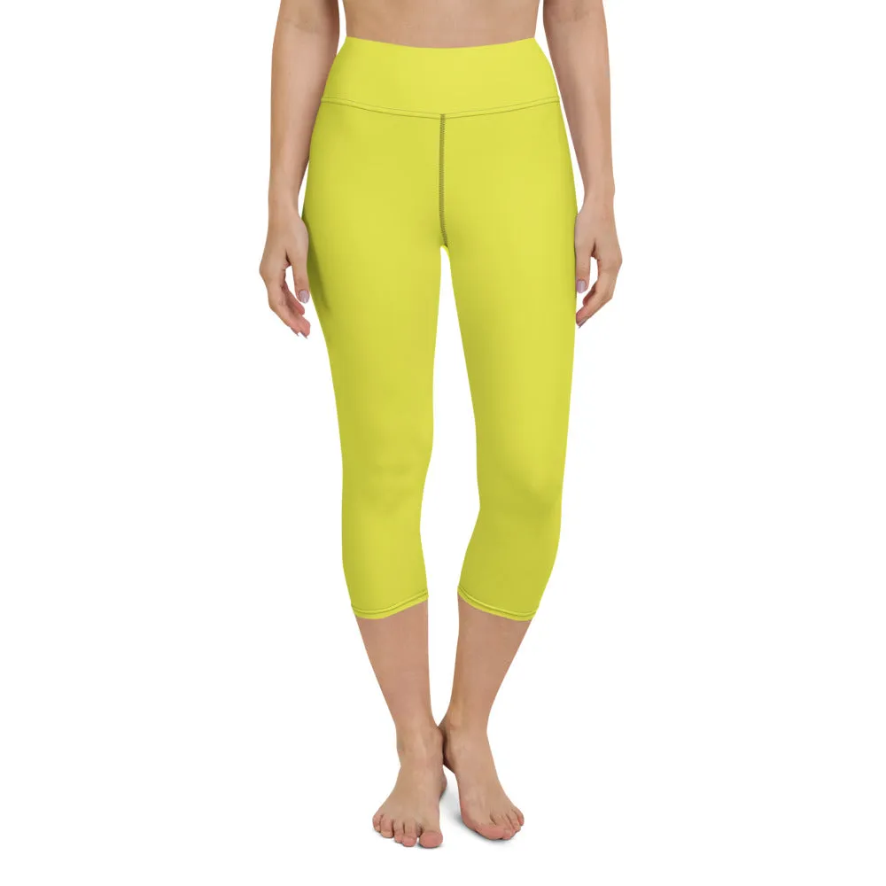 Yellow Solid Yoga Capri Leggings, Solid Yellow Color Women's Capris Tights-Made in USA/EU/MX