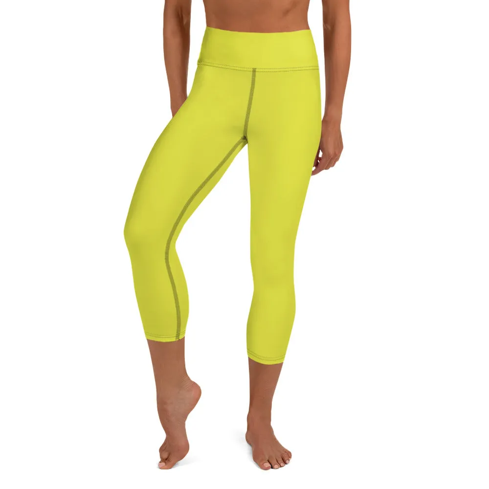 Yellow Solid Yoga Capri Leggings, Solid Yellow Color Women's Capris Tights-Made in USA/EU/MX